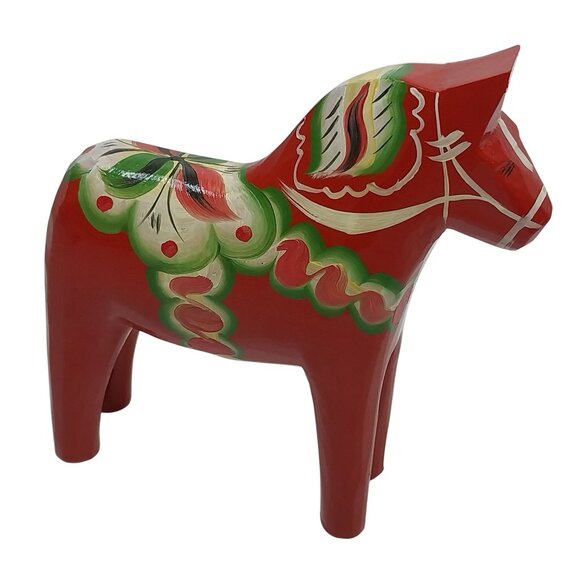 Swedish Dala Horse Hand-Painted Wooden Folk Art Orange Green with Brochure - Picture 2 of 7